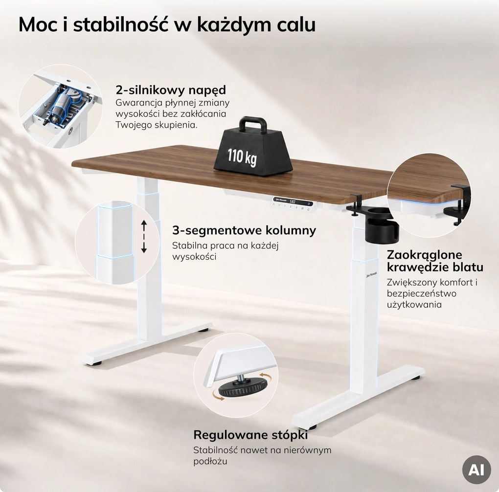 Biurko elektryczne z regulacją wysokości ergonomiczne białe/orzech,1200x600 mm: ARIA