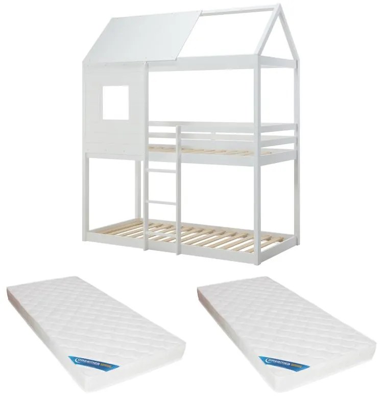 Łóżko piętrowe domek 2 x 90 x 190 cm - Drewno sosnowe i MDF - Biały + Materac - LIDOVARA