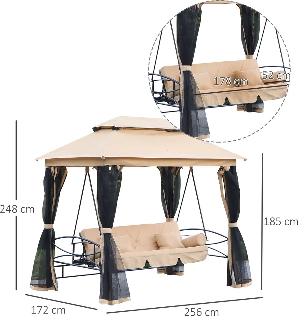 Outsunny Huśtawka ogrodowa 3-osobowa z moskitierą i daszkiem przeciwsłonecznym beżowa | Aosom PL