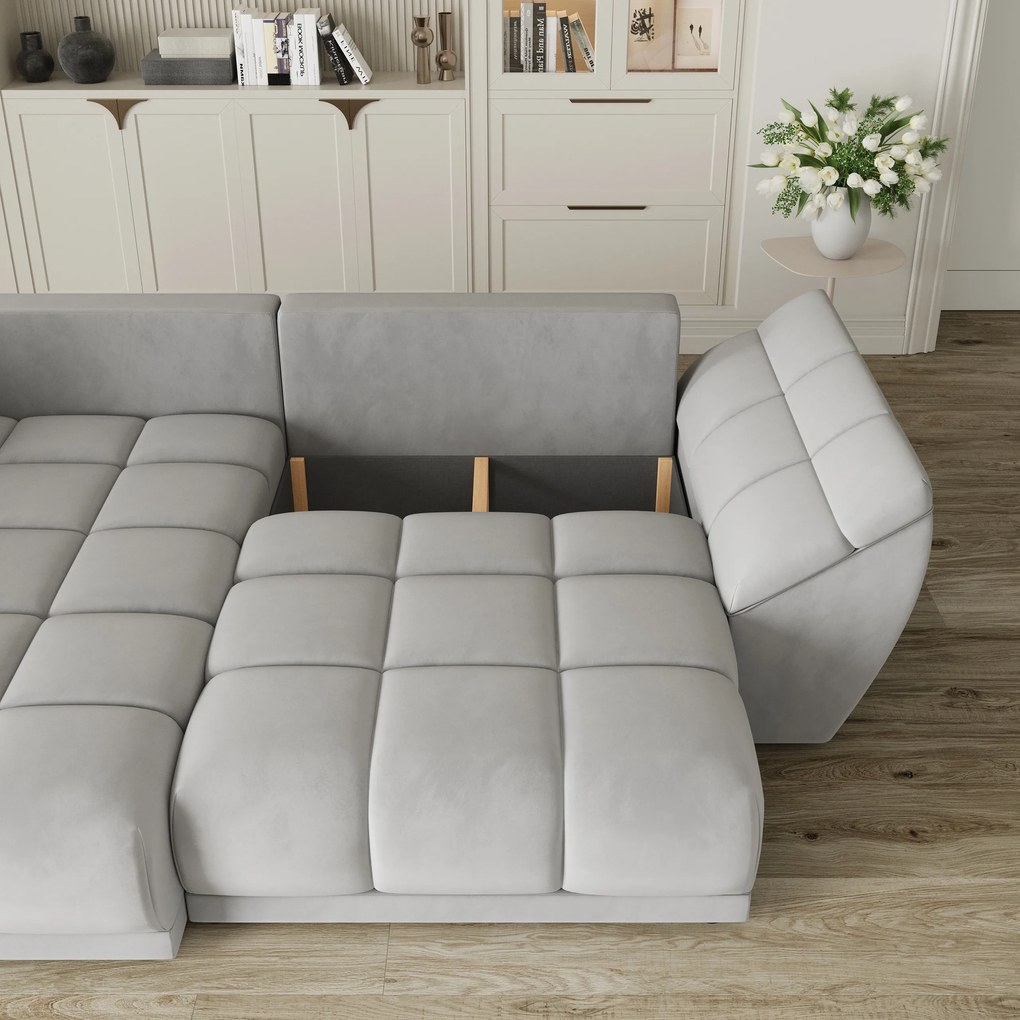 Masseno Narożnik ORENTI z funkcją spania i pojemnikiem na pościel Narozniki L, Rozkładana sofa - Jasnoszary, MATT VELVET 83