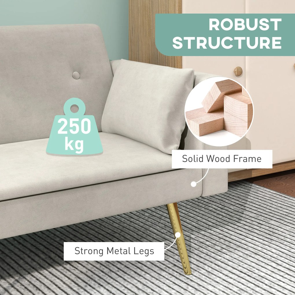 HOMCOM 2-osobowa sofa do spania, regulowane oparcie, miękkie poduszki, pokrycie w wyglądzie aksamitu, do salonu, pokoju gościnnego, Beżowy | Aosom PL