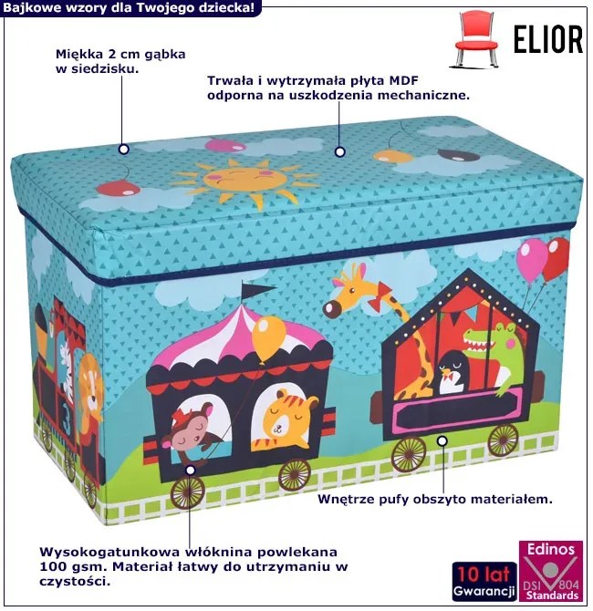 Niebieska składana pufa dziecięca ze schowkiem pociąg M8-P44