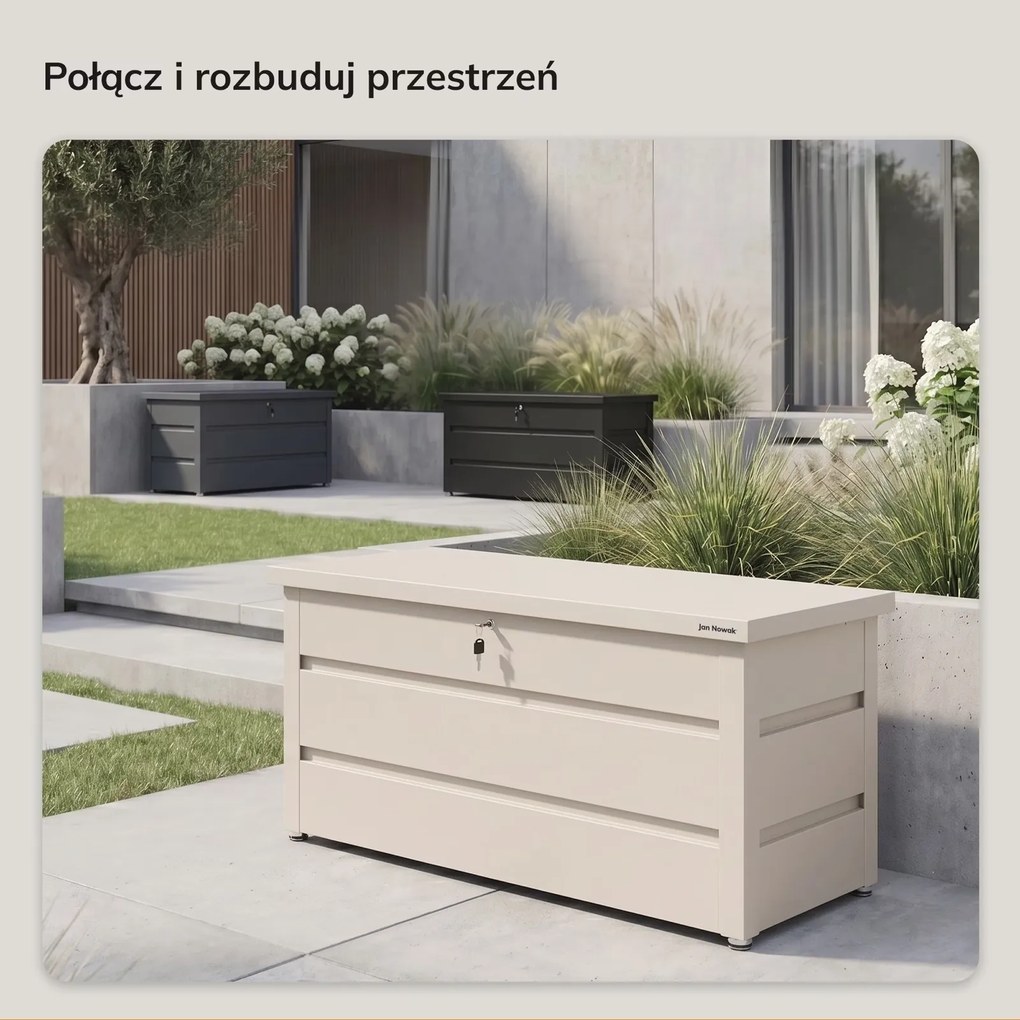 Metalowa skrzynia ogrodowa Carrie 360 litrów, 119 × 58 × 52 cm, kolor beżowy
