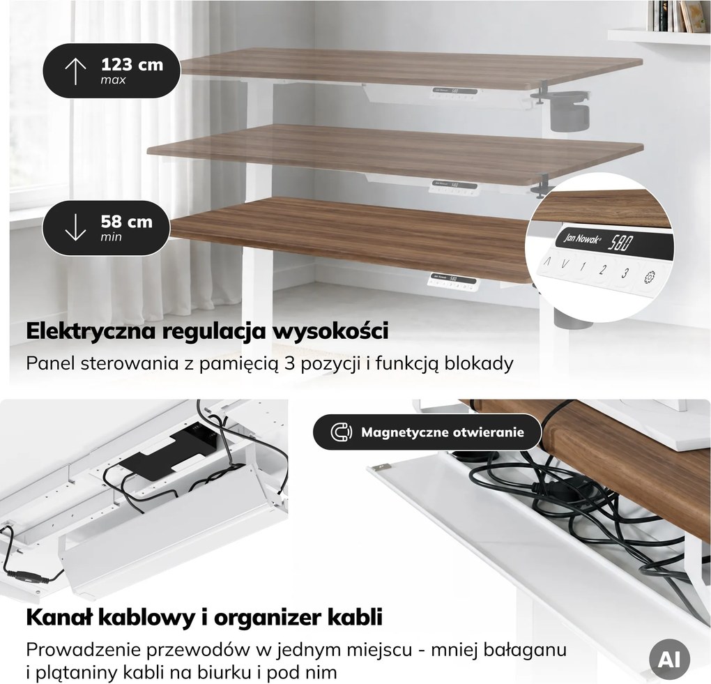 Biurko elektryczne z regulacją wysokości ergonomiczne białe/orzech,1400x700 mm: ARIA