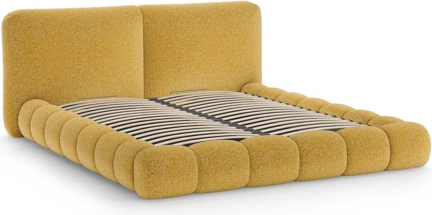 Musztardowe tapicerowane łóżko dwuosobowe ze schowkiem ze stelażem 180x200 cm Solange – Micadoni