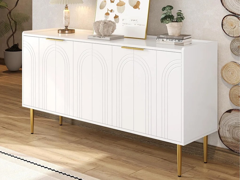 Nowoczesny buffet 140x38x75 cm - 4 fronty - Nogi metalowe - MDF - Biały