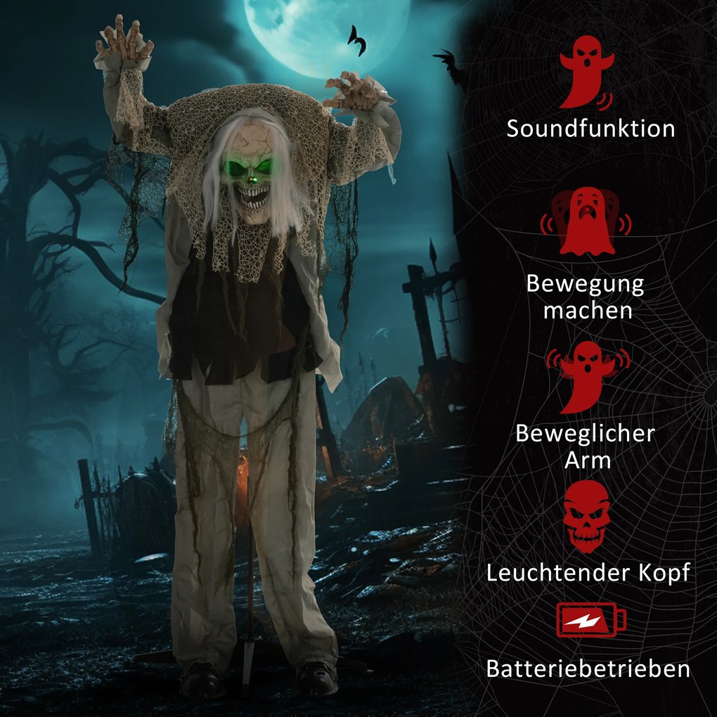 HOMCOM Duch-szkielet na Halloween, przerażający wył, zielone światło, ruchome ramiona, 160 cm