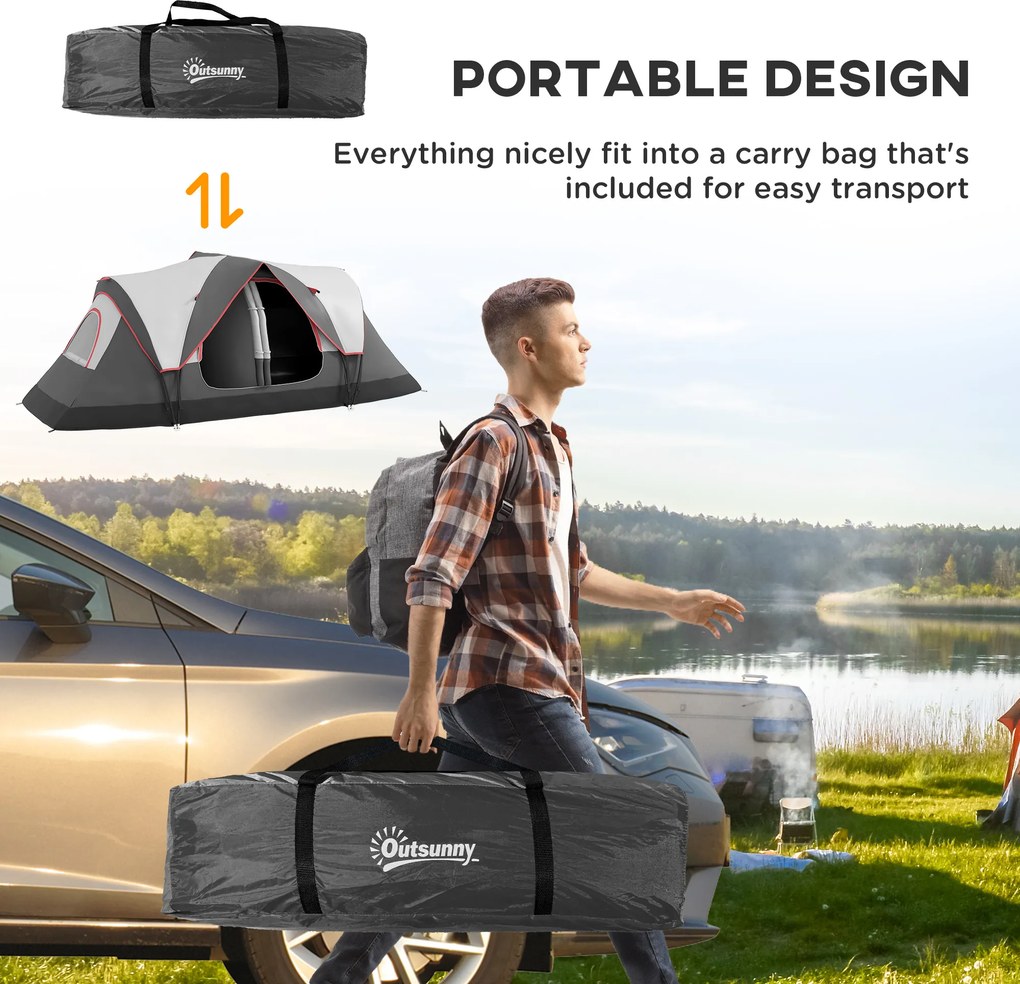 Outsunny Namiot Kempingowy, 2 Pokoje, Ścianka Działowa, dla 6 Osób, Ochrona przed Deszczem, Szary