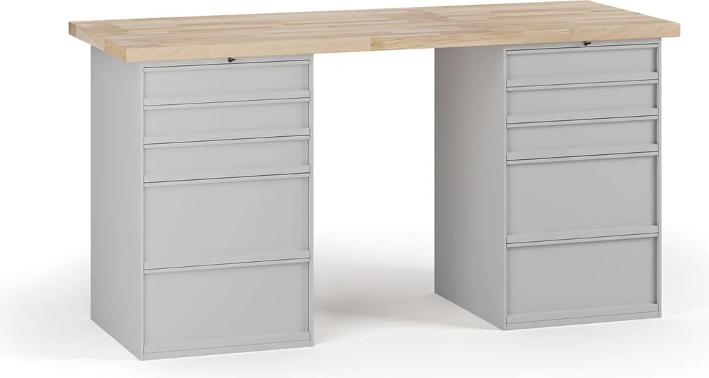 Stół warsztatowy G7, blat bukowy, 2000 x 800 x 840 mm, 2x kontener, 10x szuflada, szary