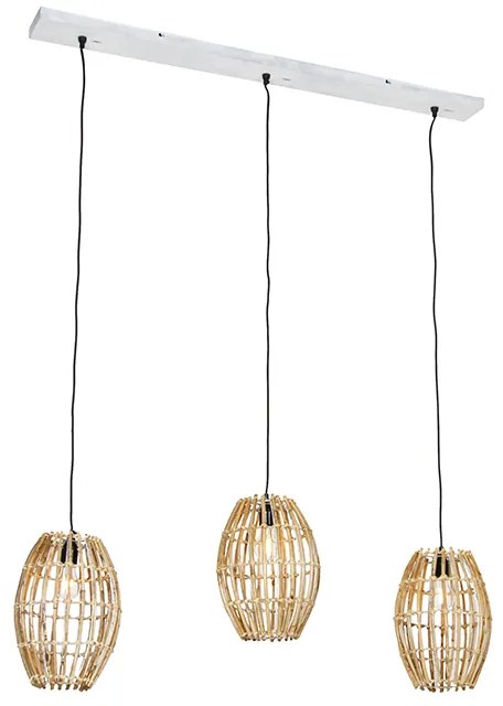 Lampa wisząca z bambusa z białym prostokątnym kloszem 3-światłowa - Canna Capsule Rustykalny / Vintage Oswietlenie wewnetrzne