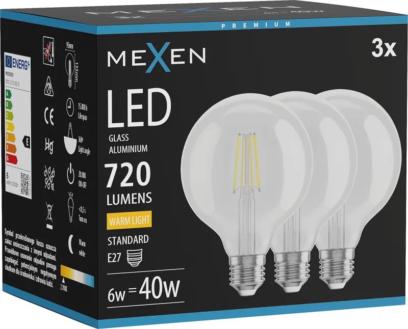 Mexen Vintis 3x żarówka filament LED E27, G95, 6W, Ciepła - 2700K, 720 lm, clear - L157-E27-0627-00x03