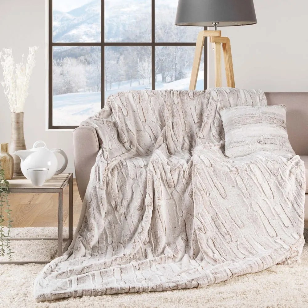 Beżowy koc z mikropluszu 180x220 cm Lynx – douceur d'intérieur