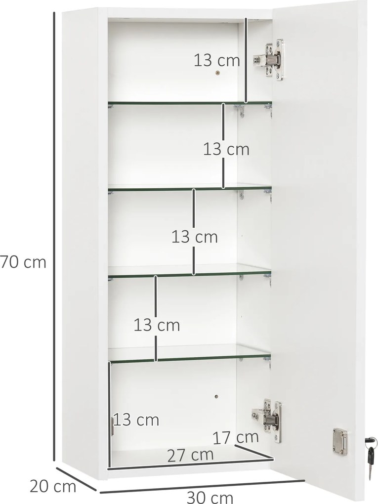 Szafka ścienna Kleankin z regulowanymi półkami, biała płyta wiórowa E1, zamykana na klucz, 30x20x70 cm | Aosom PL