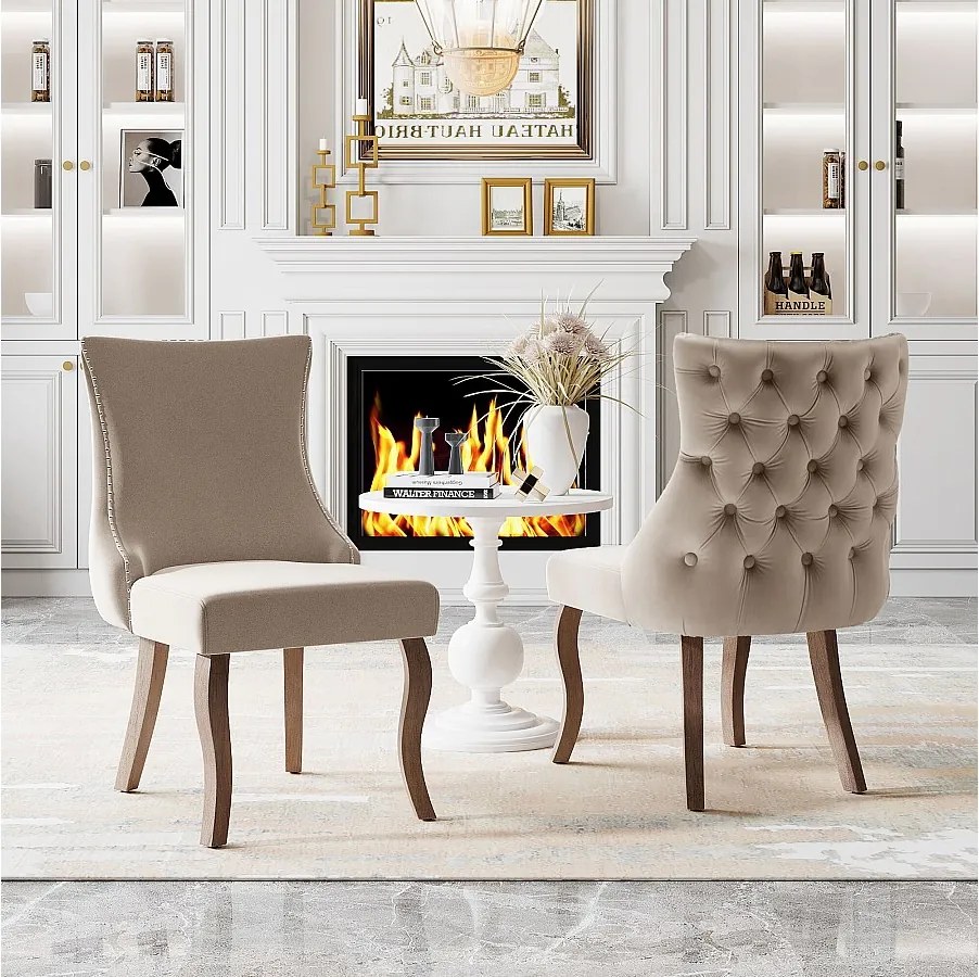 Zestaw 2 krzeseł do jadalni - beżowy aksamit - tapicerowane krzesło z dekoracją guzików - nogi drewniane