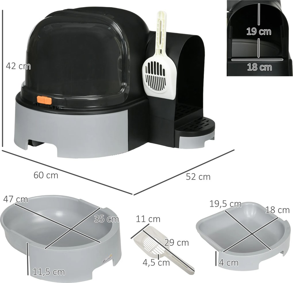 PawHut Kuweta Domek dla Kota z Łopatką 2 Wysuwane Tace Pokrywa Szary 52x60x42cm | Aosom PL