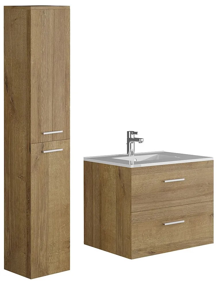 Szafka łazienkowa wisząca z umywalką i szafką typu słupek - Naturalny jasny - 60 cm - KAYLA