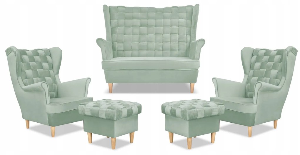 Zestaw wypoczynkowy Carol sofa fotele pufy paski Family Meble seledynowy