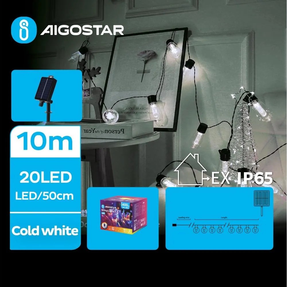 Aigostar - LED solarny łańcuch 20 diod LED/8 funkcji 11,5 m IP65 zimne białe światło