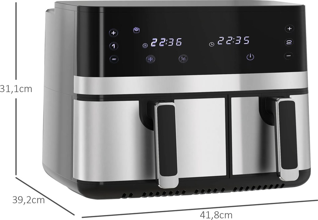 Frytkownica HOMCOM, 2700W, 8 funkcji, 41,8 cm x 39,2 cm x 31,1 cm, Czarna i Srebrna