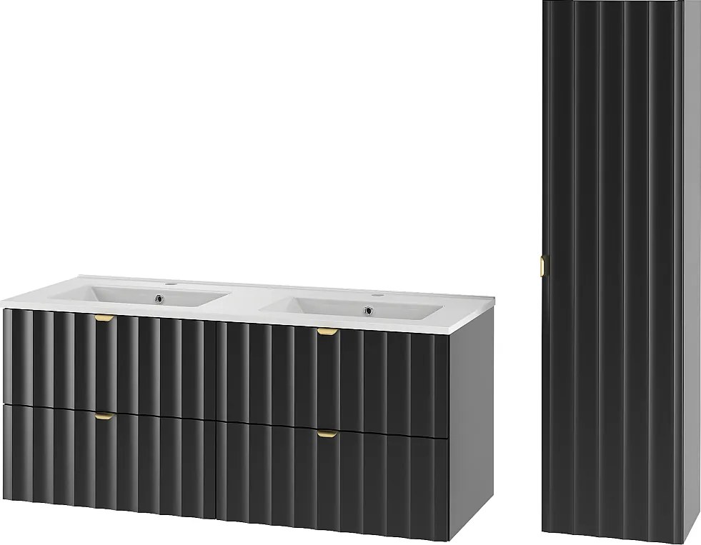 Czarny Zestaw Łazienkowy 120cm Szafka z Umywalką Słupek Ryflowane Fronty Arcos