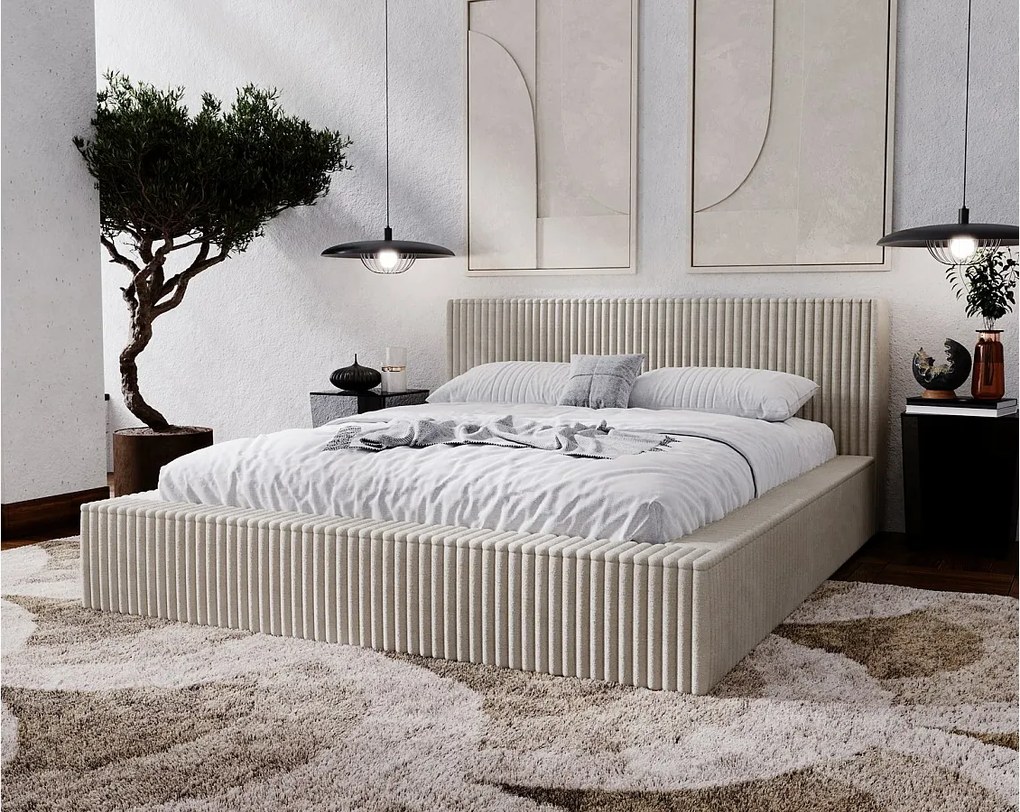 Emporius Buffy łóżko tapicerowane 140x200 - nowoczesne łóżko z pojemnikiem i stelażem, sztruks, jasny szary (Vito 07)