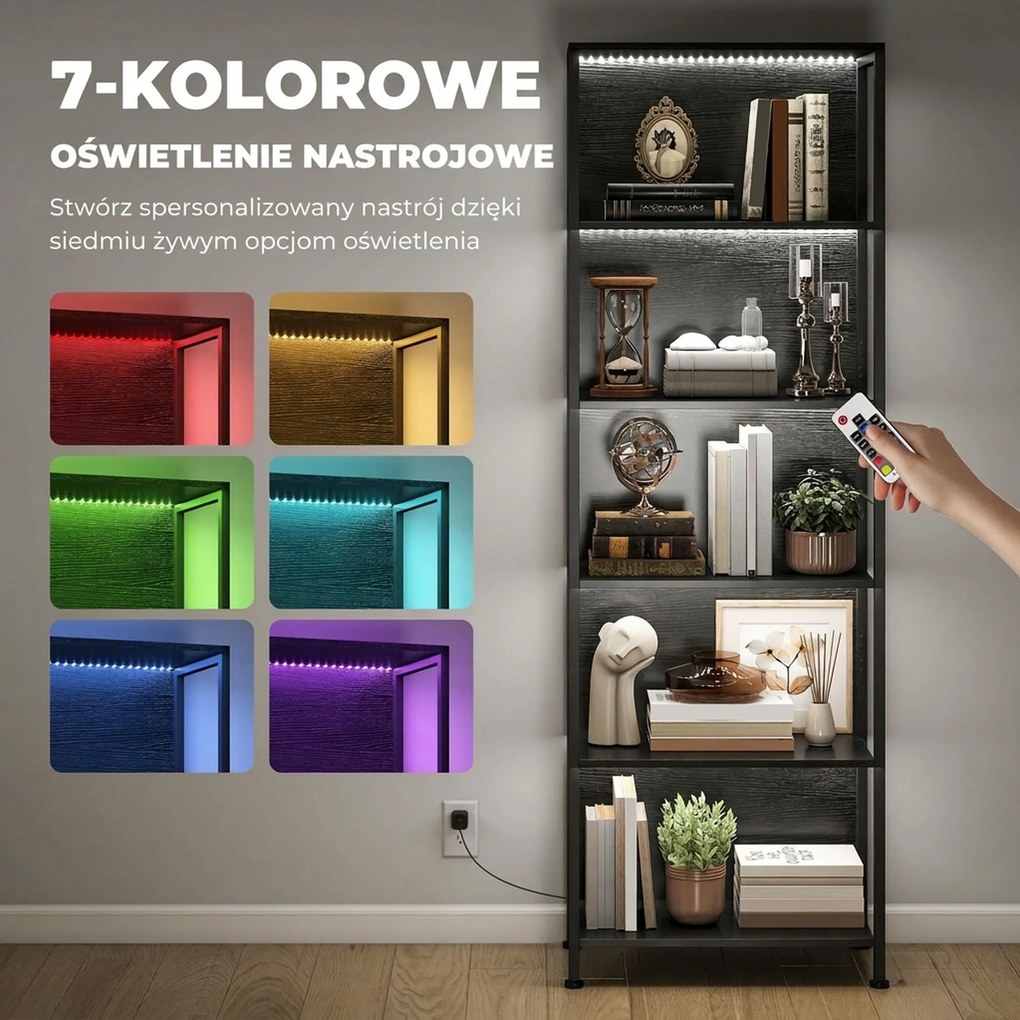 HOMCOM Regał z 5 półkami z LED, 7 kolorów światła, do salonu, 60 x 30 x 179 cm, czarny | Aosom PL