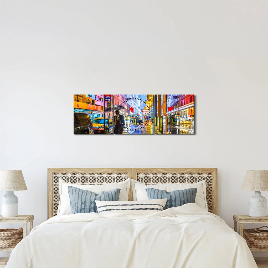 Obraz - Miasto w neonowym blasku (z zegarem) (90x30 cm)