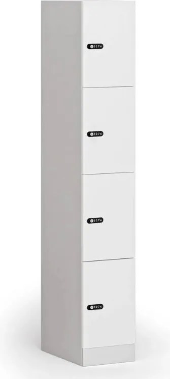 Szafka skrytkowa S1, 4 schowki, 1850 x 300 x 500 mm, zamek mechaniczny z kodem, drzwi laminowane, biała