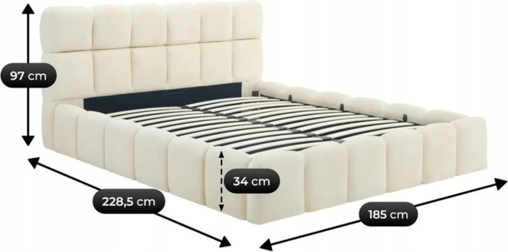 Łóżko Tapicerowane 160x200 cm MURCJA ze Stelażem i Pojemnikiem Dwuosobowe Welurowe Kremowe