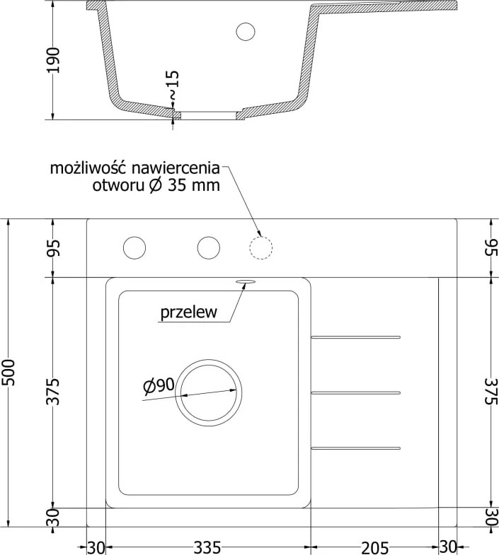 Mexen Ben zlewozmywak granitowy 1-komorowy z ociekaczem, lewy 600 x 500 mm, czarny, syfon chrom - 6522605000-77