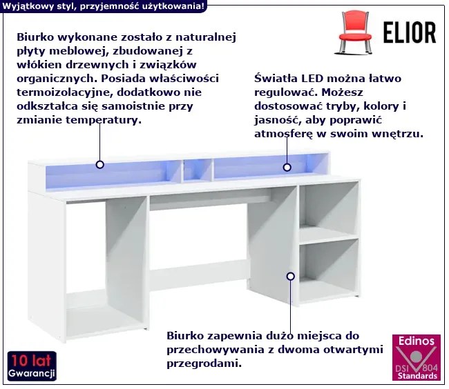 Podświetlane biurko 200 cm białe - Fixi