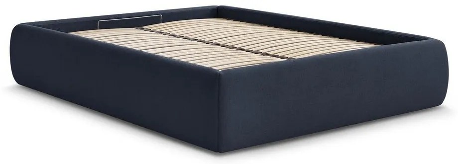 Ciemnoniebieskie tapicerowane łóżko dwuosobowe bez zagłówka ze schowkiem i stelażem 160x200 cm Inera – Bobochic Paris