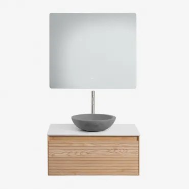 Zestaw Wiszących Mebli Łazienkowych Z Drewna Jesionowego Tedrik Popielaty Brąz & Okrągły Szary Cement - Sklum