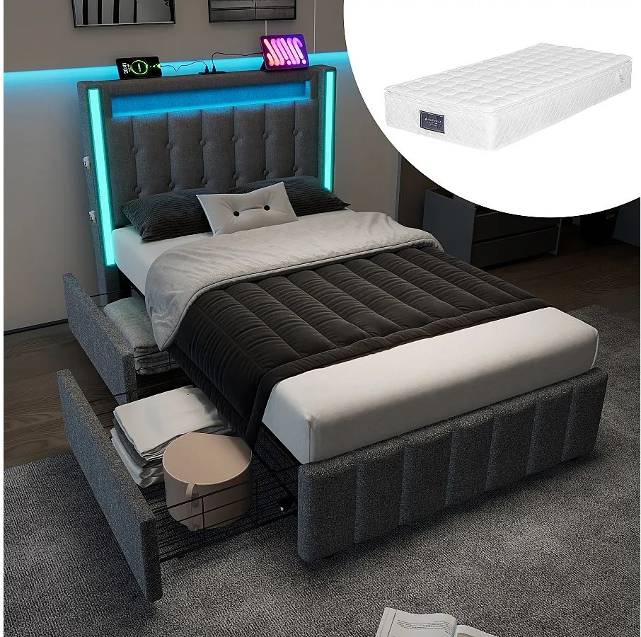 Łóżko tapicerowane z pojemnikiem dla młodzieży - 90 x 200 cm - Materac + LED-y + 2 szuflady + Zagłówek z USB - Tkanina lniana - Szary