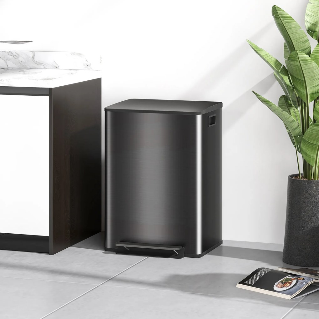 HOMCOM Kosz na śmieci z 2x30L komorami, pokrywa Soft-Close, odporny na odciski, stal nierdzewna, czarny | Aosom PL
