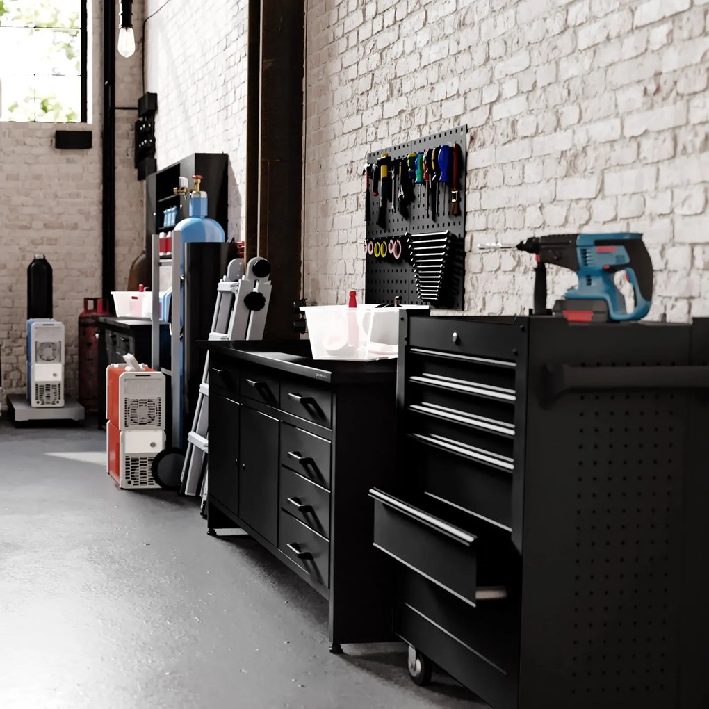 Duży stół garażowy z szafkami i szufladami Henry All Black czarny