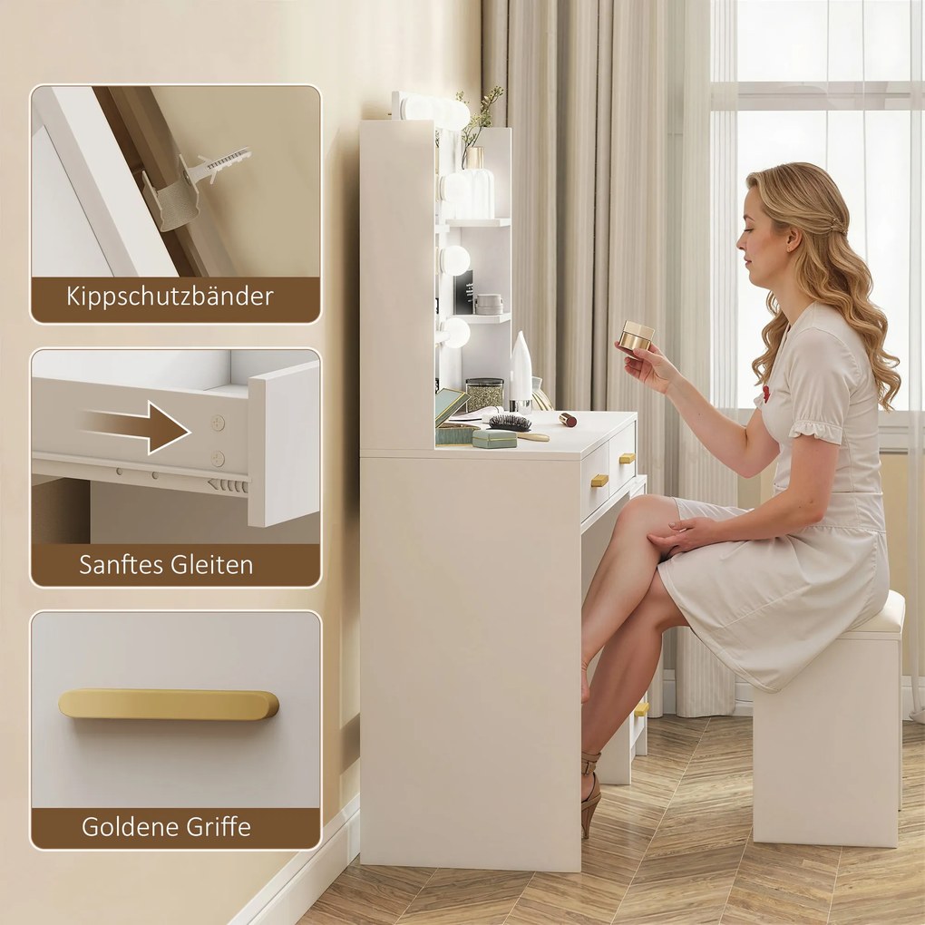 HOMCOM Toaletka z podświetlanym lustrem i tapicerowanym stołkiem, zestaw do makijażu z 6 szufladami i półkami, Biały | Aosom PL