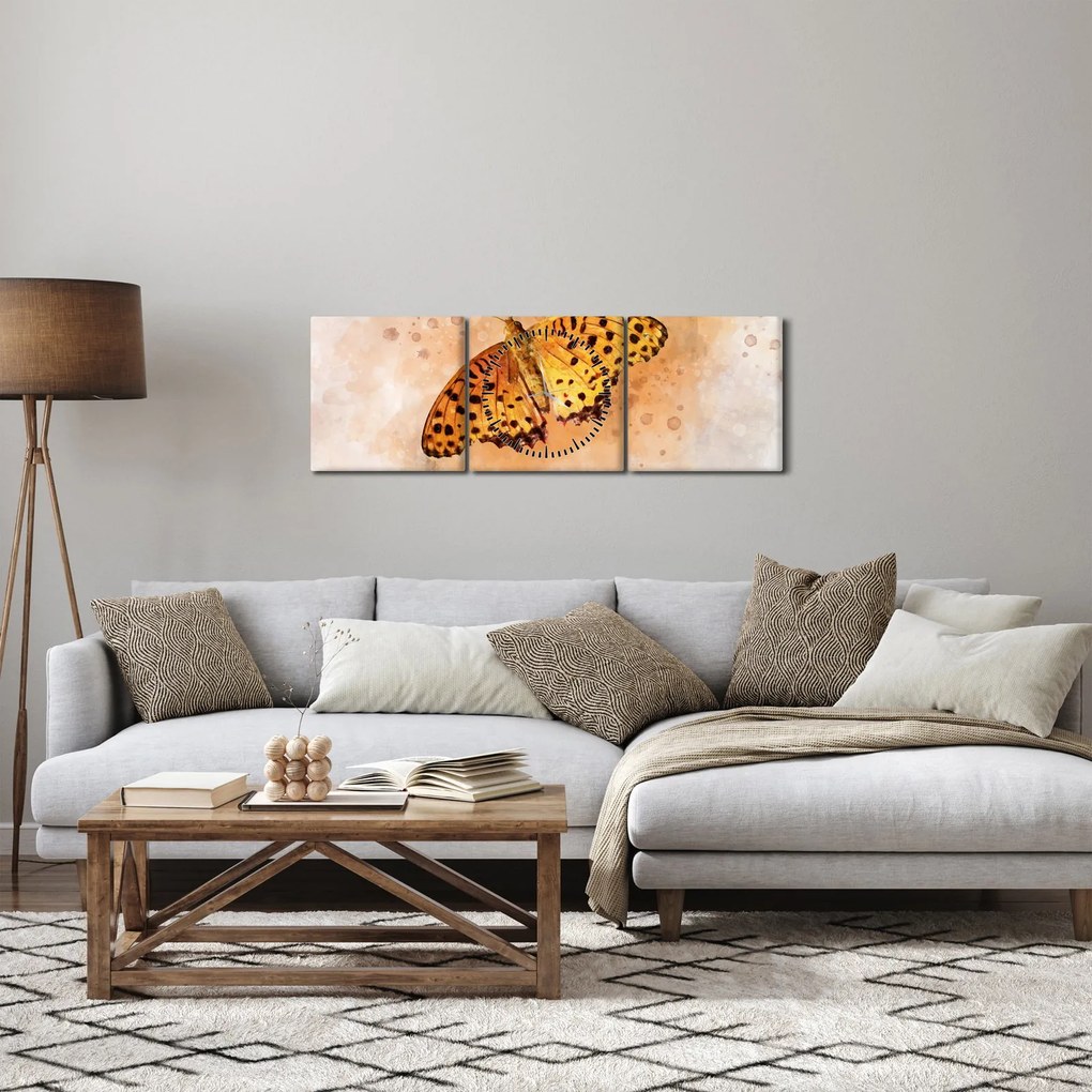 Obraz - Pomarańczowy motyl, akwarela (z zegarem) (90x30 cm)