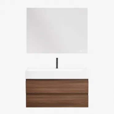 Zestaw Wiszących Mebli Łazienkowych Z Drewna I Forniru Jesionowego Zintegrowany Z Umywalką Ona Ciemna Czerń & - Sklum