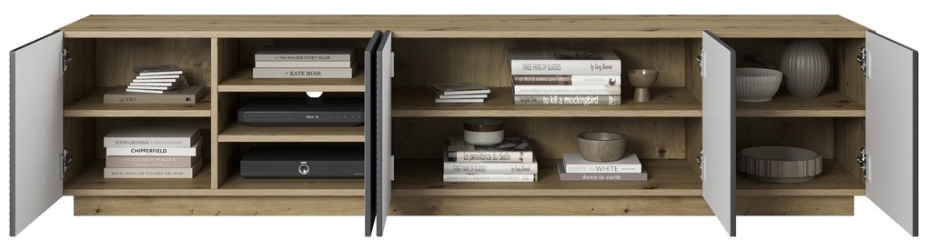 Szafka RTV Asha 200 cm pięciodrzwiowa z ryflowanym frontem - artisan / rivier stone mat
