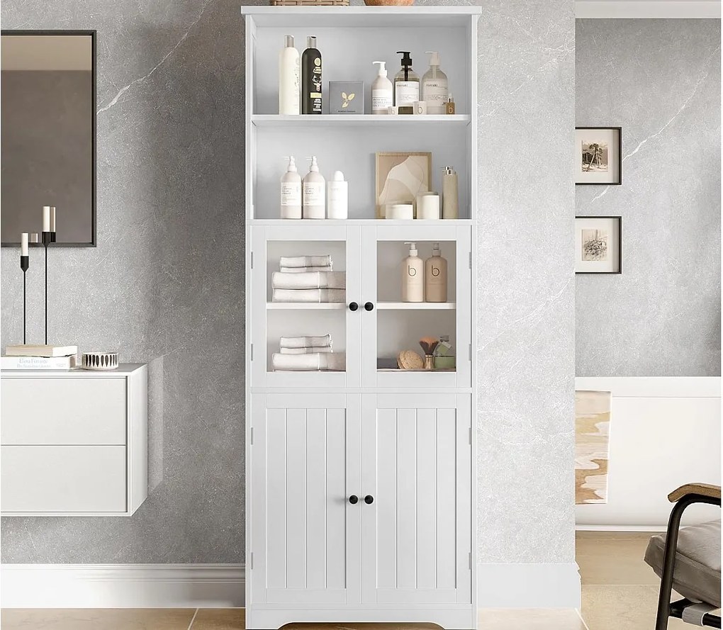 Meble łazienkowe 57,4×28,5×160 cm - 4 drzwi - 2 otwarte przegródki - regulowane półki - biały