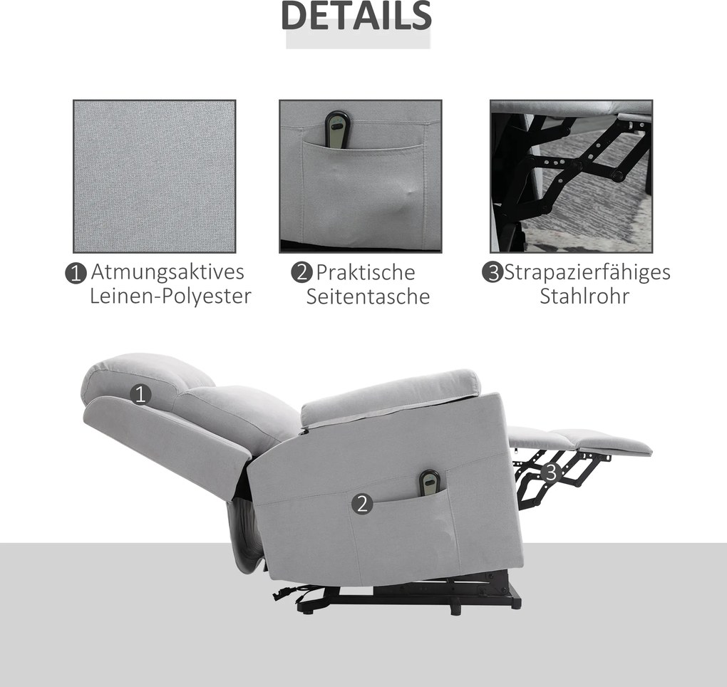 HOMCOM elektryczny fotel telewizyjny podnoszony z funkcją pomocy przy wstawaniu i relaksu w kolorze szarym | Aosom PL