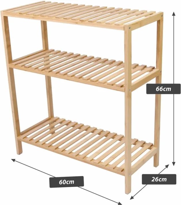 Bambusowy regał, 3 półki, 60 x 26 x 66 cm