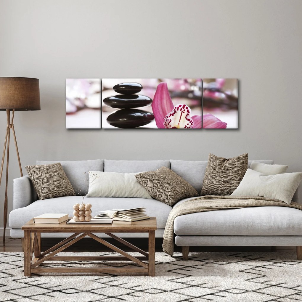 Obraz kamieni do masażu i storczyków (170x50 cm)