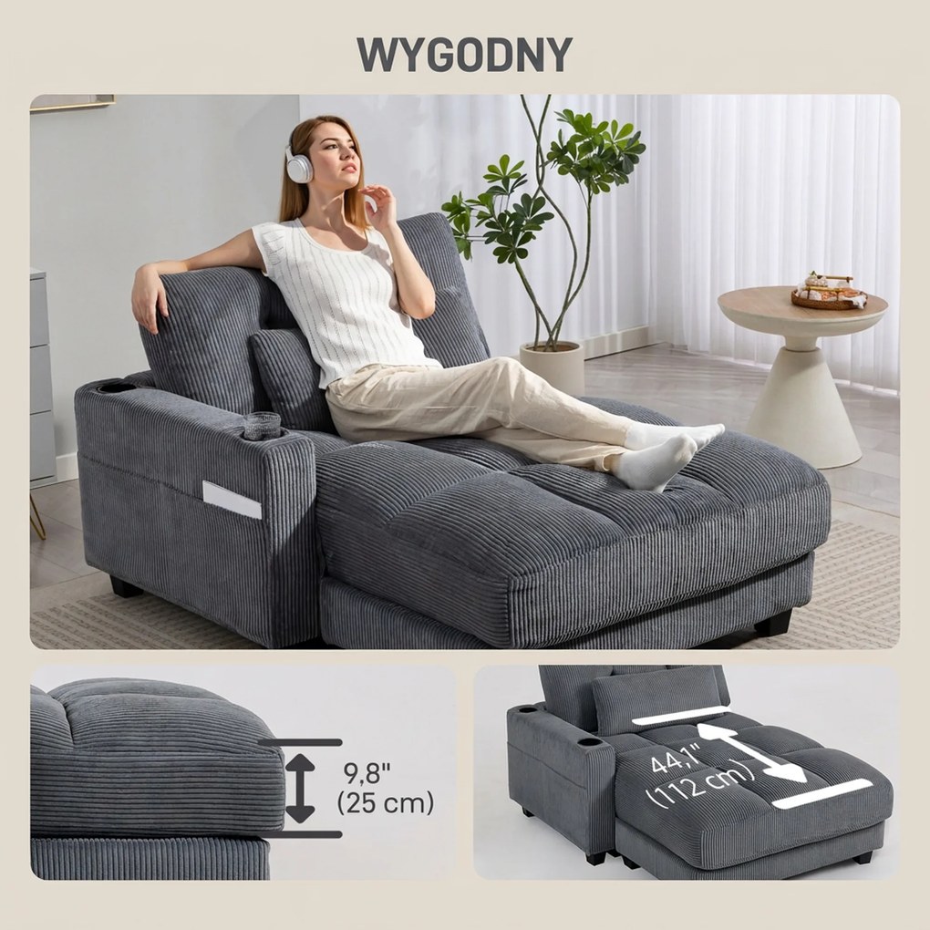HOMCOM Sofa-łóżko z poduszką, piankowe, rozkładane, uchwyt na kubek, szary