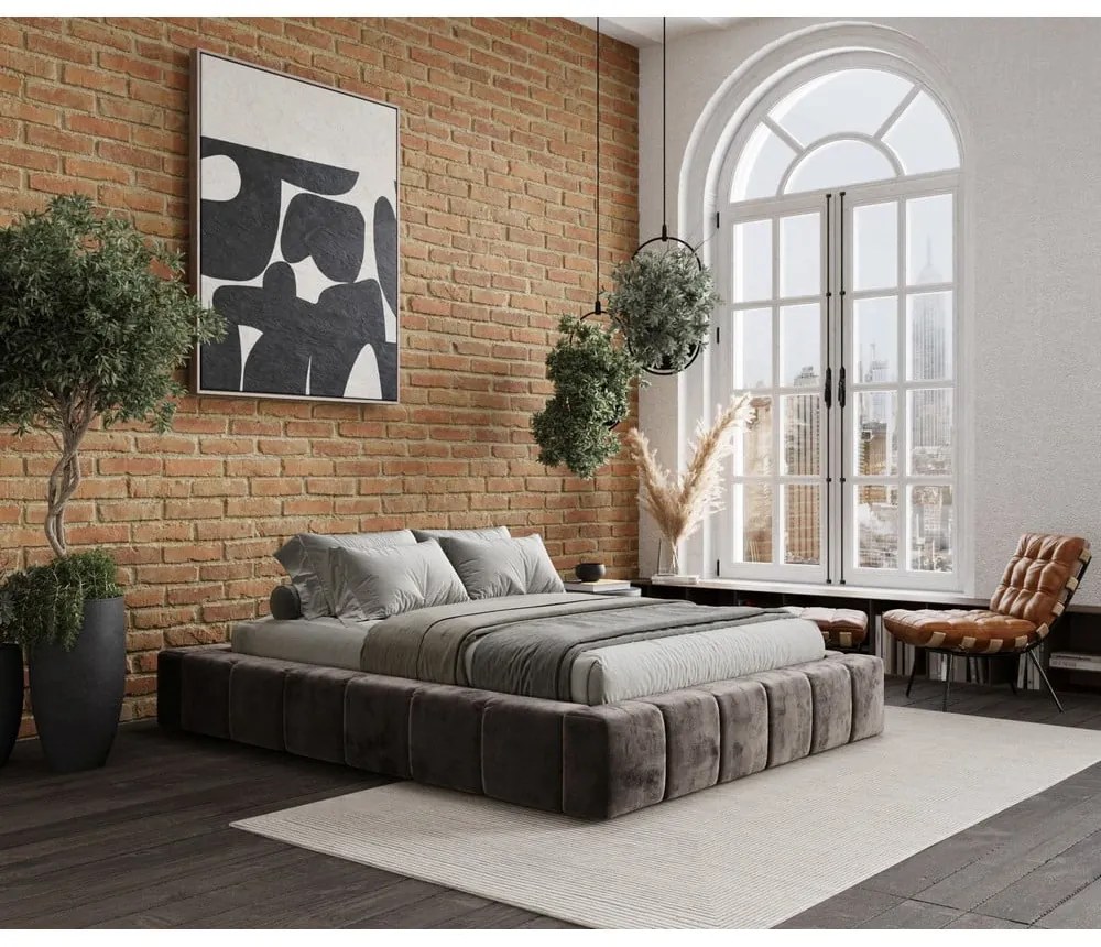 Brązowe tapicerowane łóżko dwuosobowe ze schowkiem i stelażem 200x200 cm Aruba L – Maison de Rêve