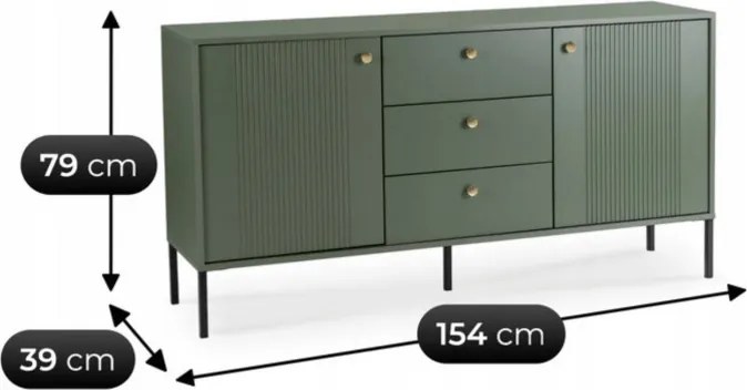 Komoda do Salonu Sypialni SOFT 154 cm Zielona Ryflowana Dwudrzwiowa z Szufladami Nowoczesna