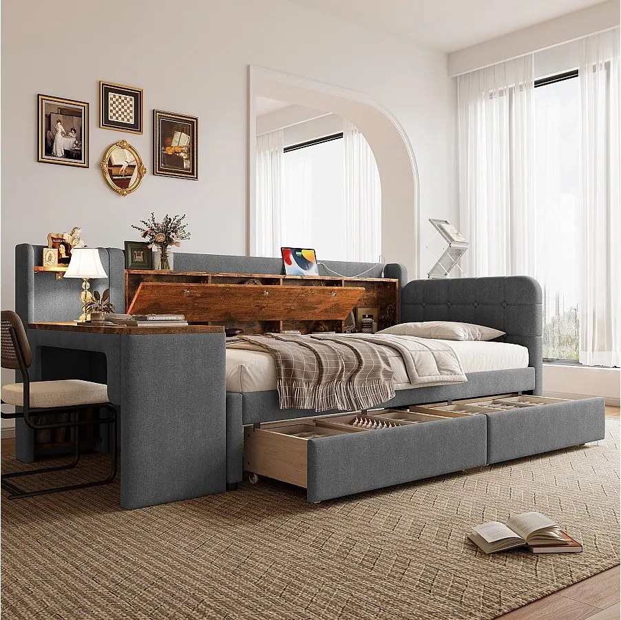 Sofa rozkładana 90x200 cm, szary len, łóżko dla dorosłych z biurkiem i 2 szufladami, port USB - bez materaca