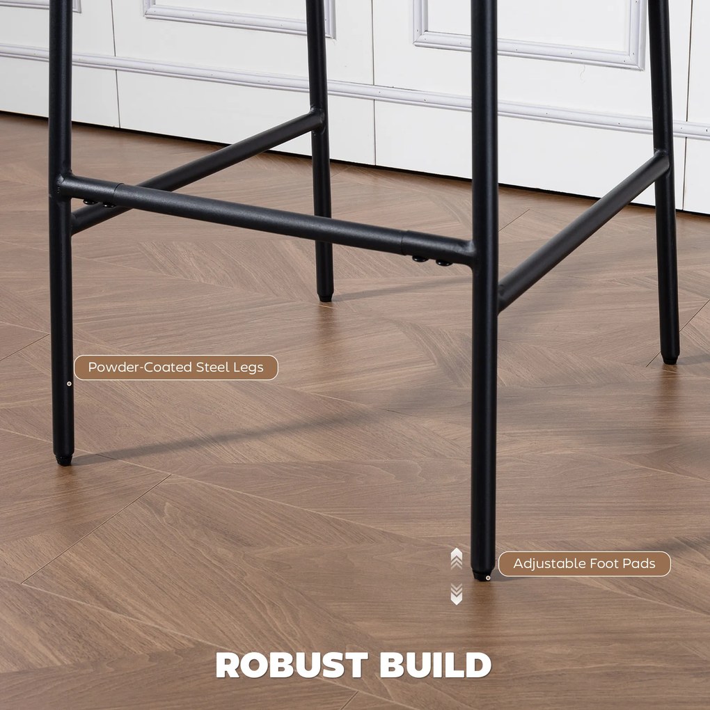 HOMCOM Zestaw 2 hokerów, tapicerowane wysokie krzesła do blatu kuchennego, domowego baru, oparcie, podnóżek, obicie z tkaniny, stal, szary