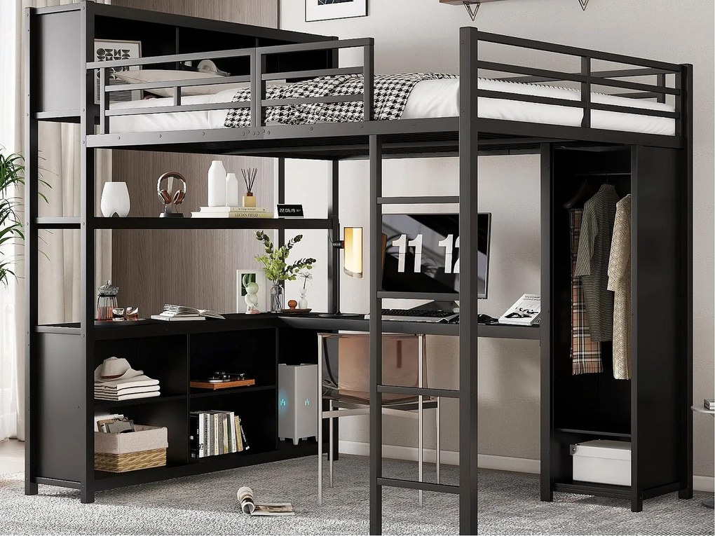 Łóżko mezzanine 140x200 cm - z biurkiem i półką do przechowywania - z szafą - z drabiną - Metal + płyty wiórowe - Czarny